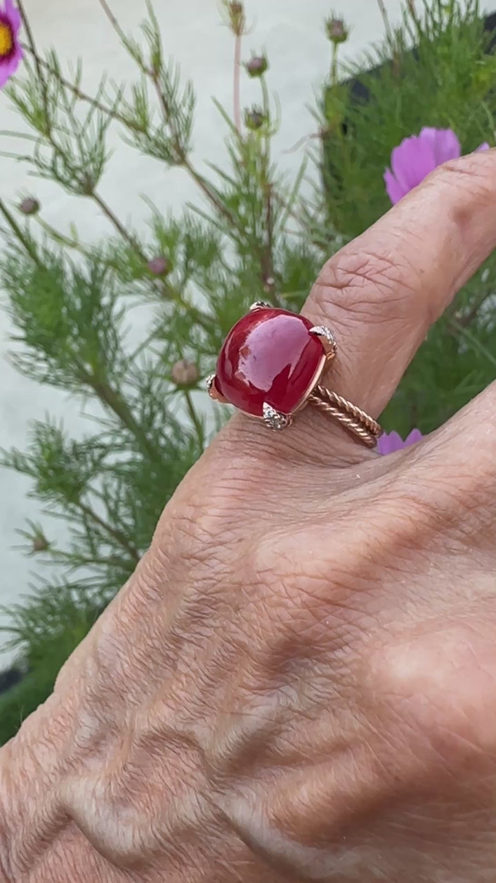 14Kt Red Coral Sugarloaf & Diamond Pink Gold Ring