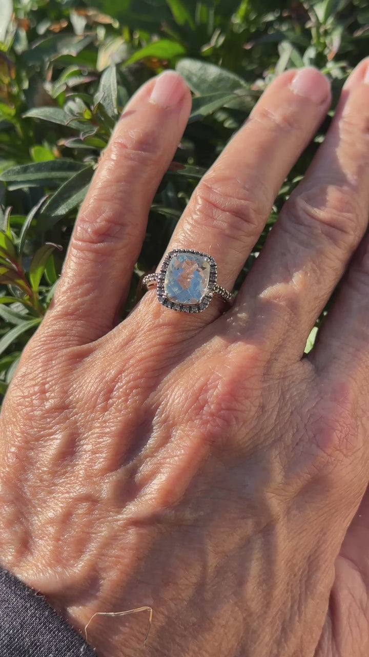 10kt yellow, gold color change, blue-green halo, chocolate-diamond ring