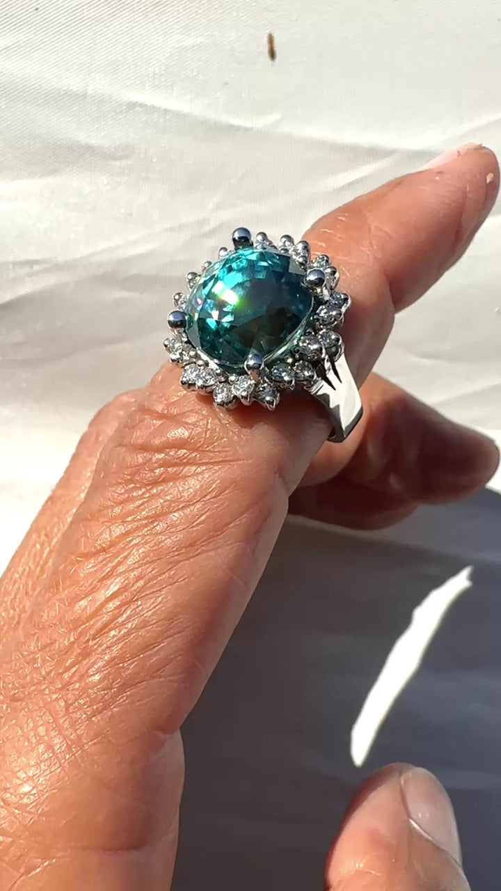 Magnificent 8 Carat Oval Natural Blue Zircon 14K White Gold Starburst Halo Ring