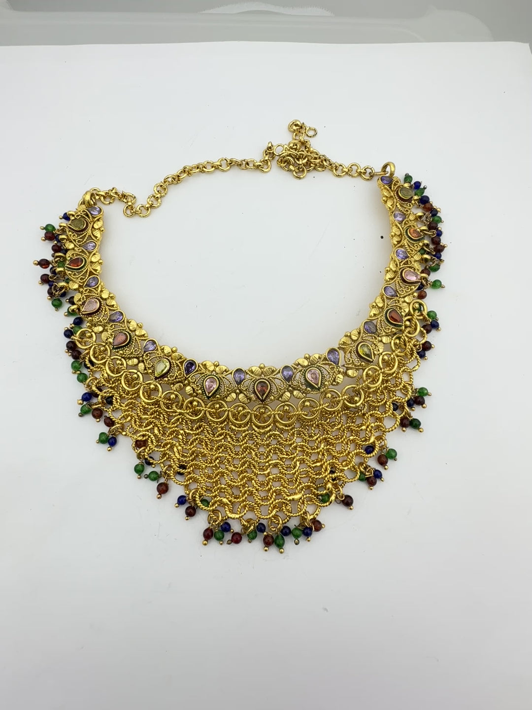 Egyptian Mesh, Jeweled Gem Colored Necklace 24kt Electroplated