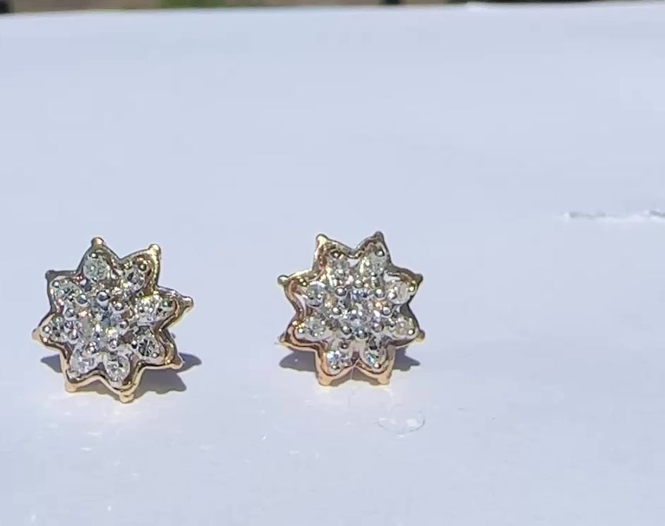Vintage 14 Karat Two-Tone Gold Diamond Starburst Cluster Stud Earrings, 0.50 CTW