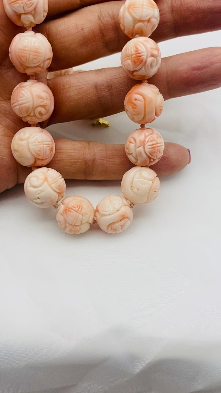 14Kt Angel Skin Coral Individually Carved Bead 18" Necklace Artistry