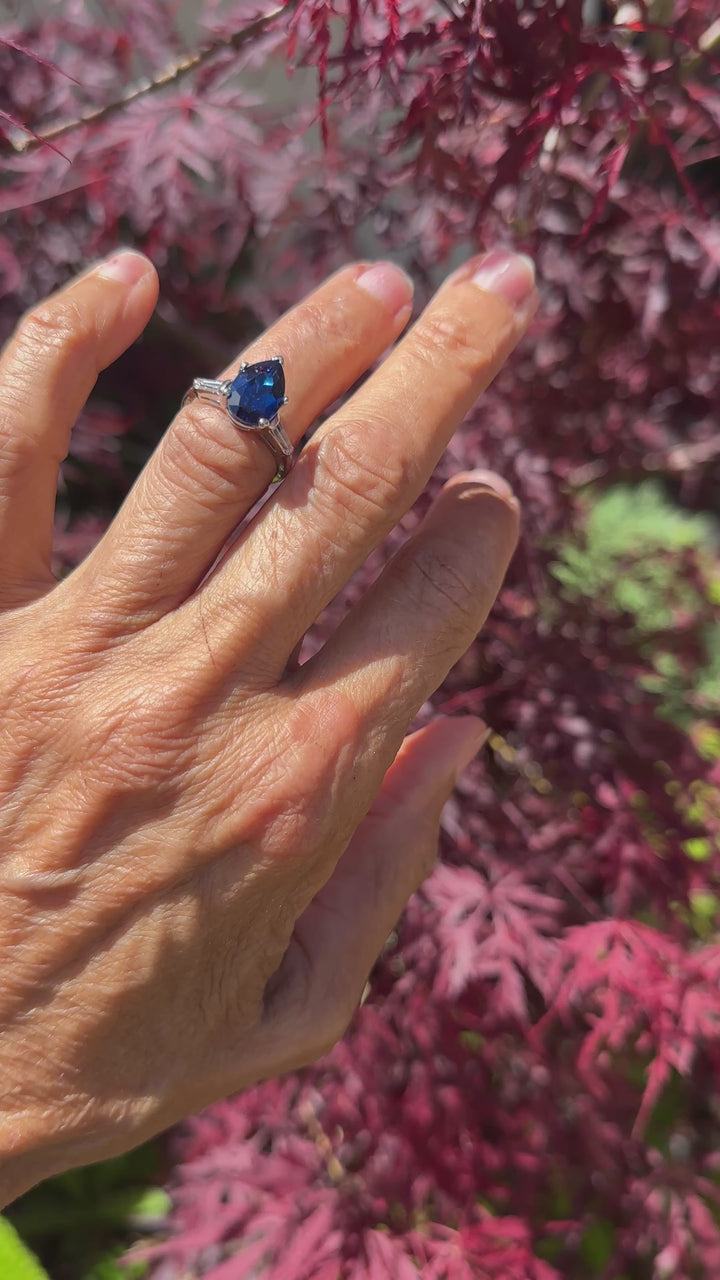 Mid Century Platinum 3-Stone 4.40ctw, Lab-Sapphire and Baguette Diamond Ring