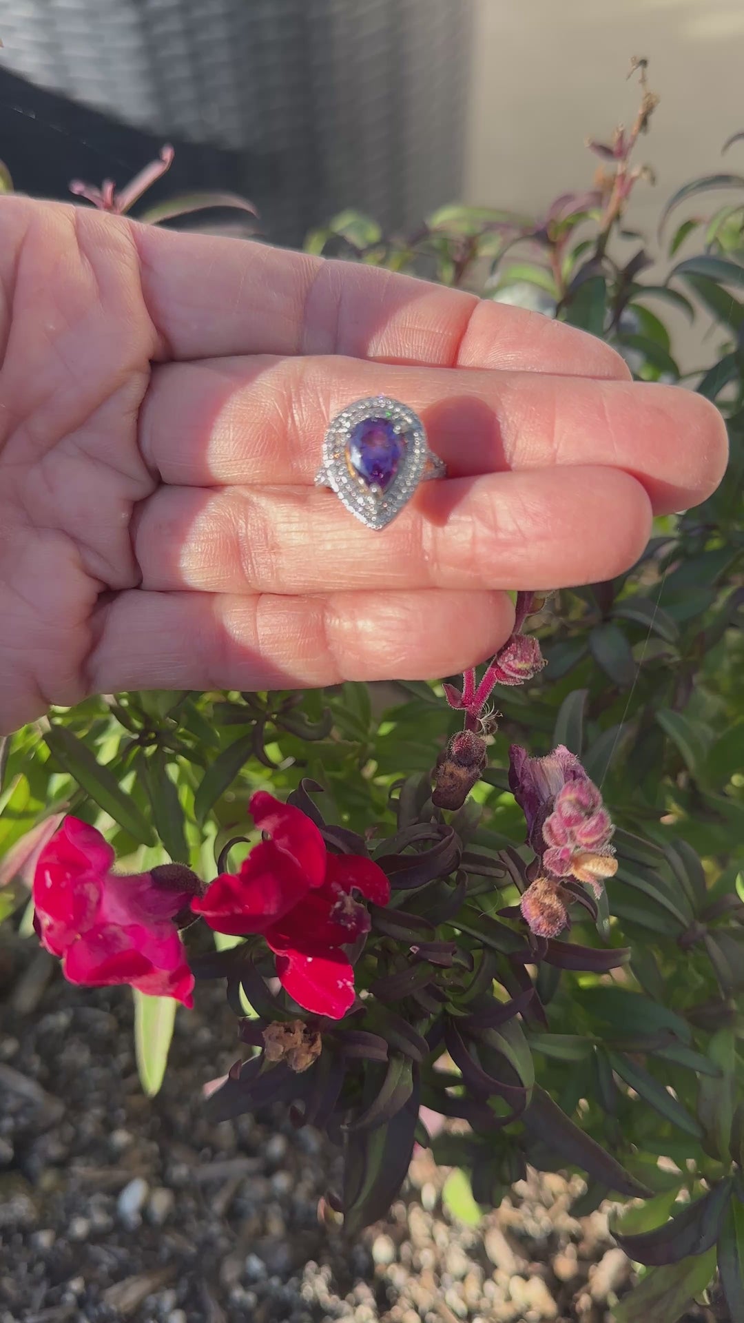 14 karat pear shaped Brazilian Amethyst diamond halo ring