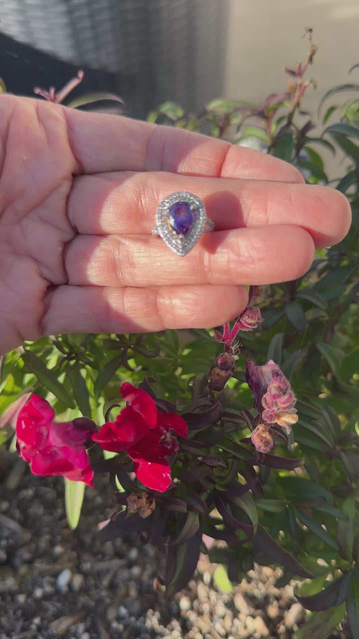 14 karat pear shaped Brazilian Amethyst diamond halo ring