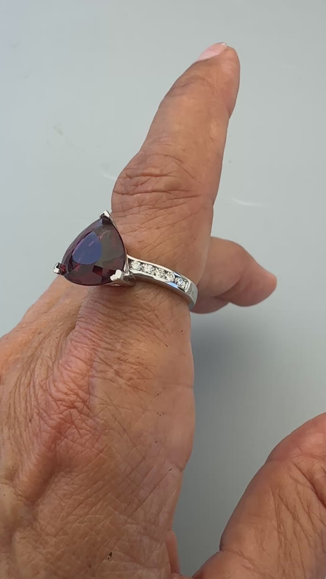 11.00 ct Trillion Rhodolite Garnet, 0.50 ct Diamond Ring in 14 Karat White Gold