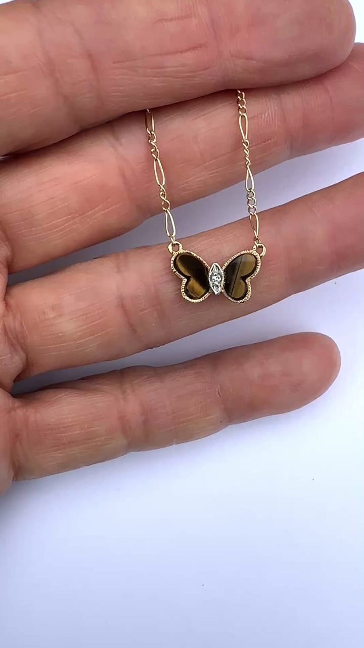 Mid-Century Inspired Yellow Gold, Tiger's Eye Butterfly Pendant Necklace