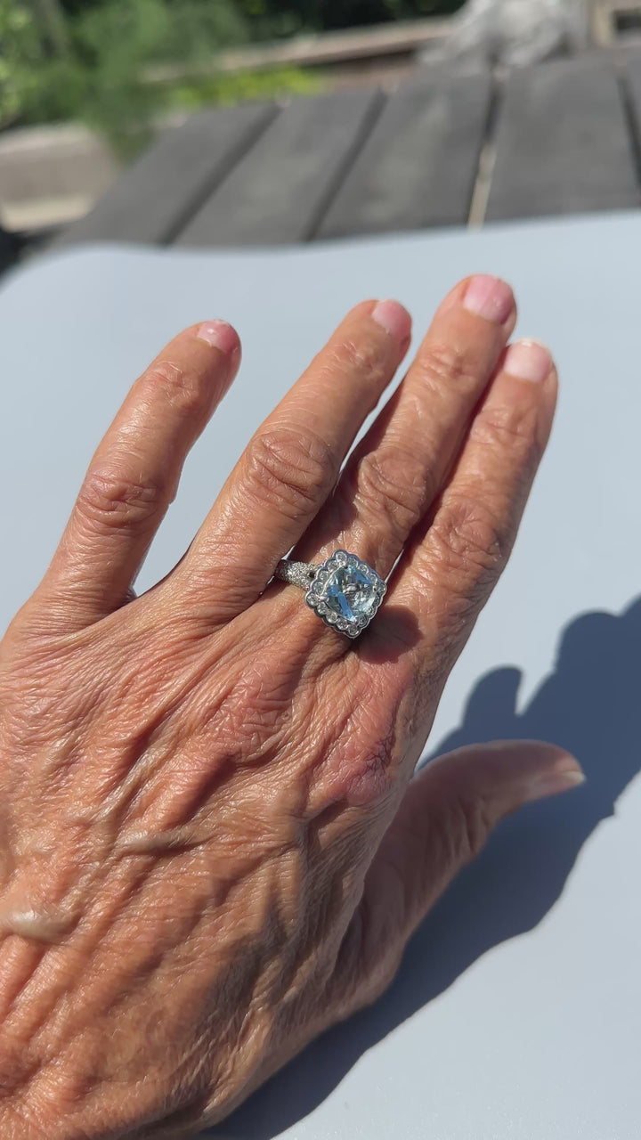 Designer  2.35 carat Aquamarine and Diamond Halo Ring 18 Karat 4.05 Carat