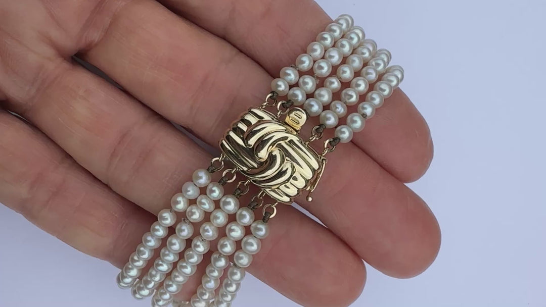 Vintage 14K Yellow Gold Five-Strand Grey Pearl Cuff Bracelet