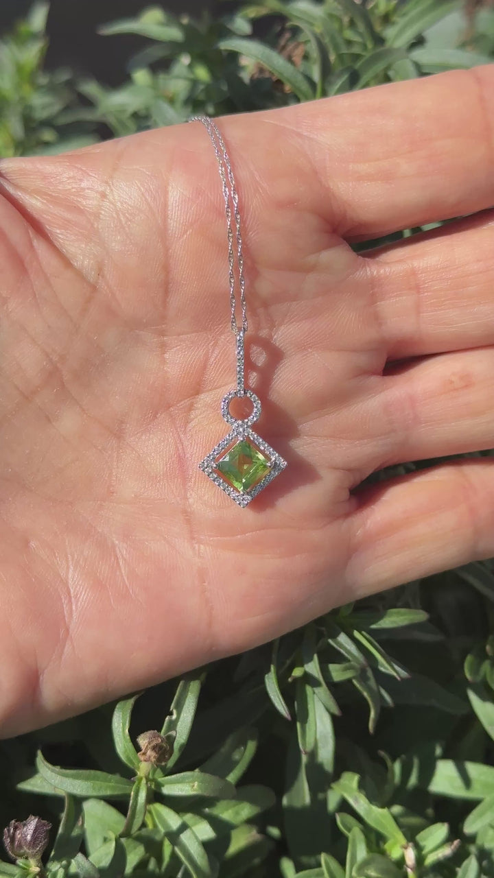 14 Karat White Gold, Peridot, Halo 1.00tcw Diamond Pendant