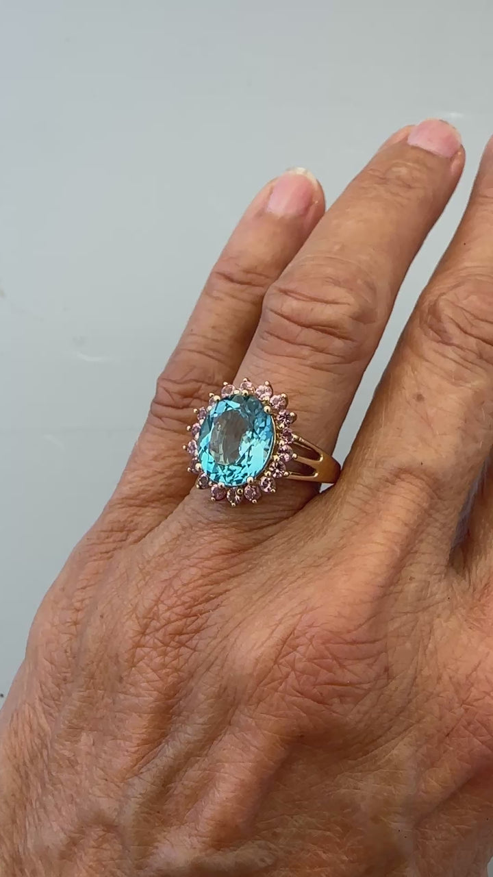 Vintage 14K Gold 6.00 Carat Oval Blue Topaz and Pink Sapphire Halo Cocktail Ring