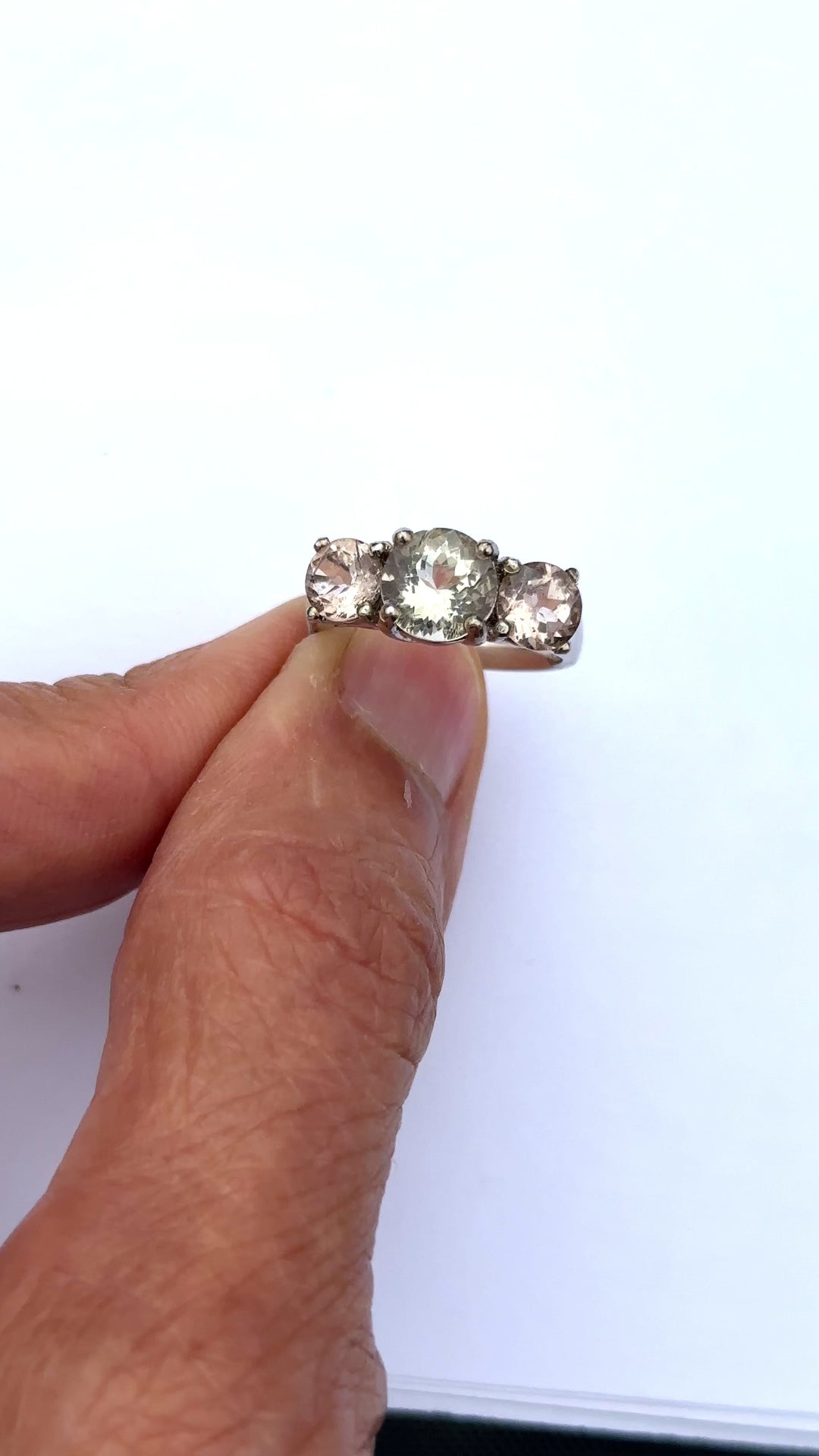 14kt Morganite and Prasiolite 3-stone Gemstone Ring 2.75 karat total weight ￼