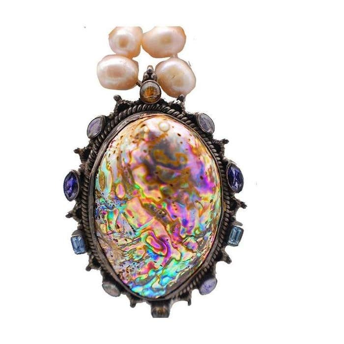 Shell Pendant with Aquamarine Sapphire and Gemstones with Pink Biwa Pearls