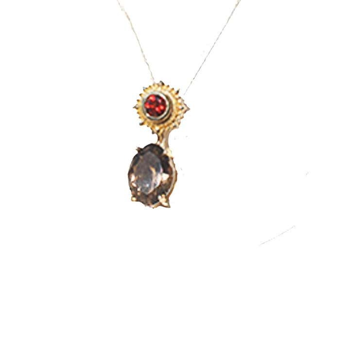 14Kt Etruscan Style Smokey Topaz and Garnet Pendant Necklace