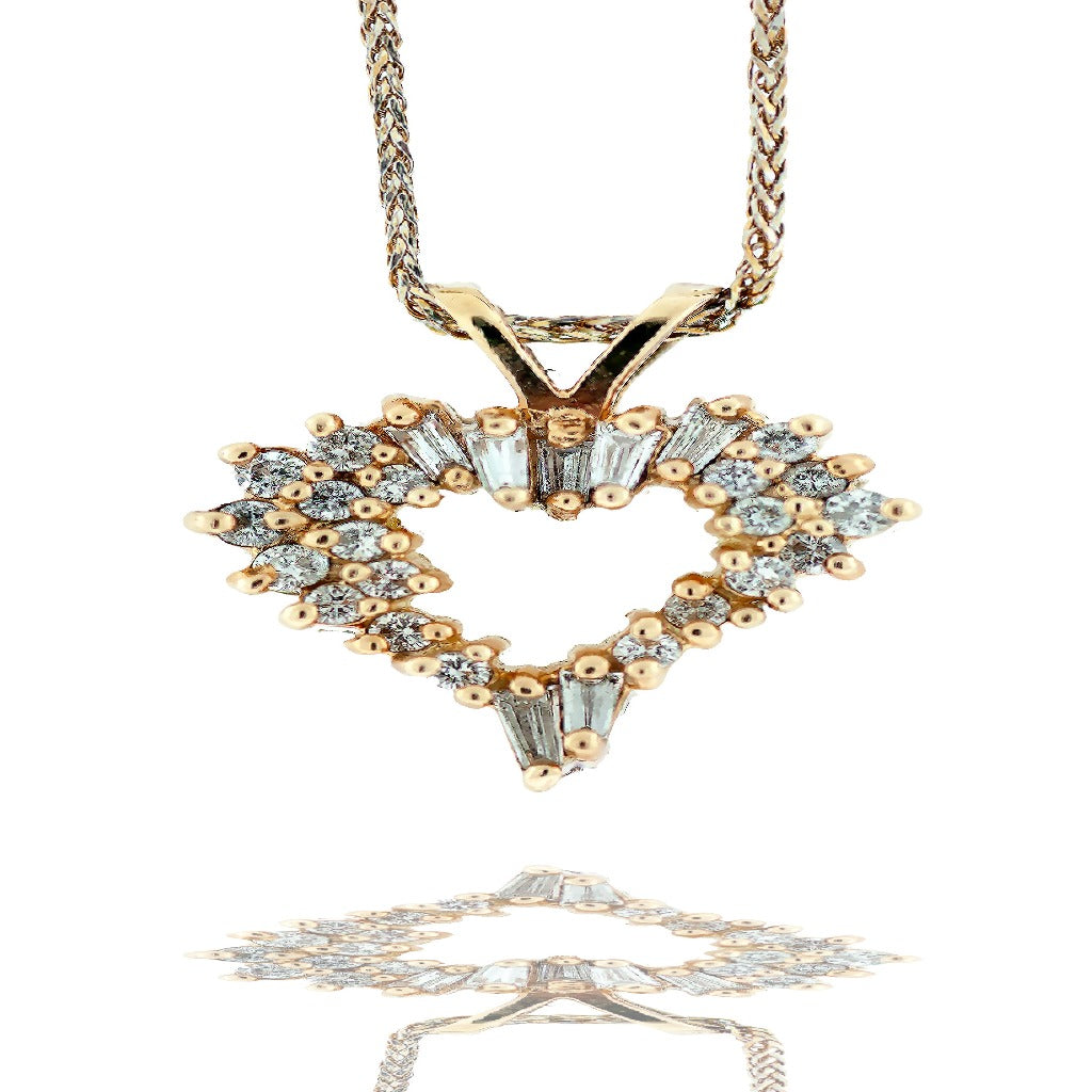 14Kt Yellow Gold Baguette Diamond Heart Necklace .70 Carat
