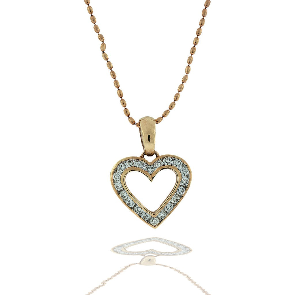 14K Channel Diamond Heart Necklace .40 Ct on Beaded Gold Chain
