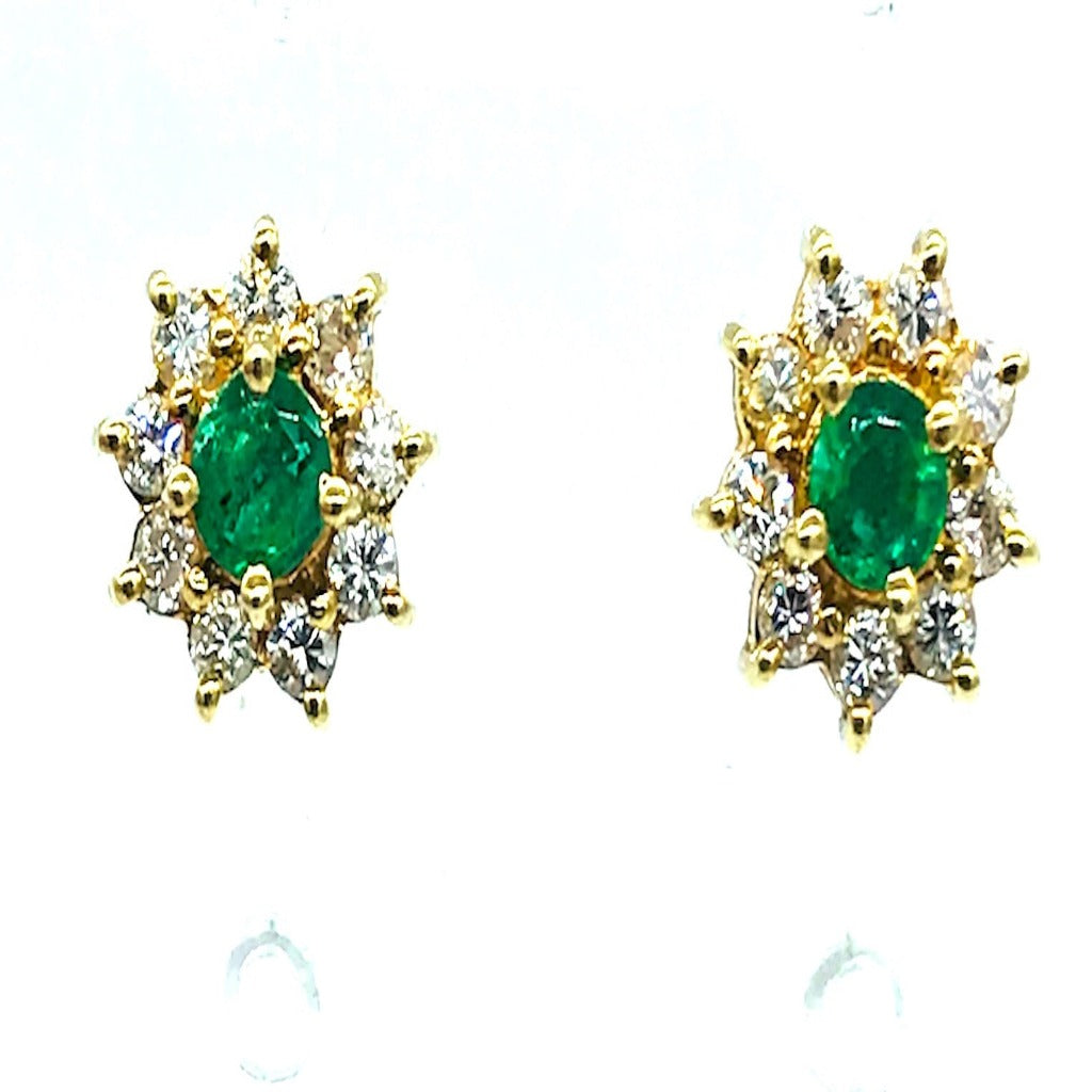 14Kt Yellow Gold Colombian Emerald and Diamond Halo Earrings .60 Carats