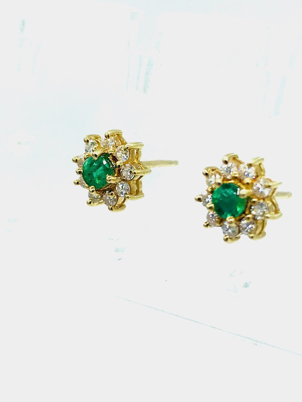 14Kt Yellow Gold Colombian Emerald and Diamond Halo Earrings .60 Carats