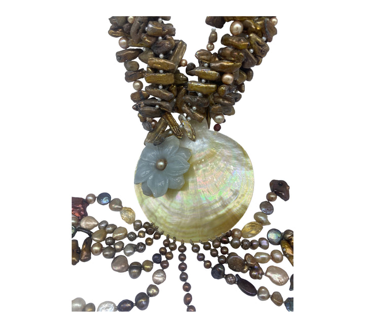 Multi Strand Freshwater Shell & Lavender Jade Dangle Necklace 36" Length