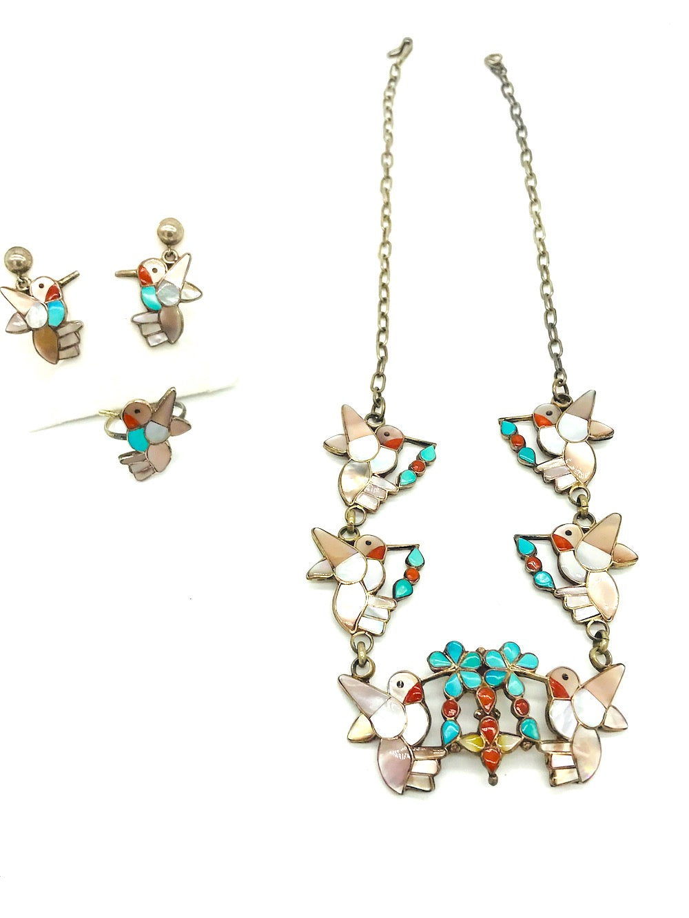 Hummingbird Earring Necklace and Ring Set Turquoise and Mother of Pearl