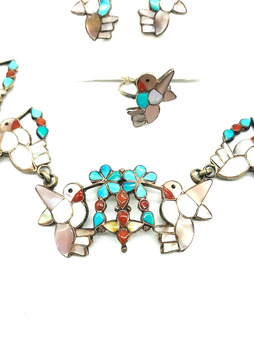 Hummingbird Earring Necklace and Ring Set Turquoise and Mother of Pearl