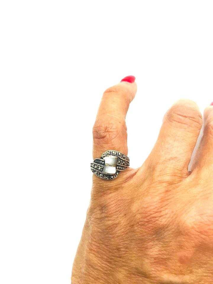 Mother of Pearl and Hematite Dome Ring Sterling Silver