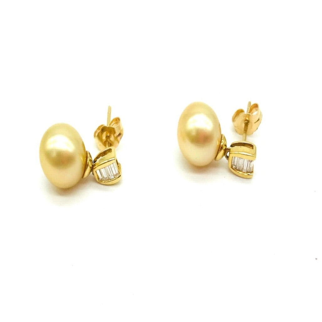 18K Golden Akoya Pearl and Baguette Diamond Drop Earring