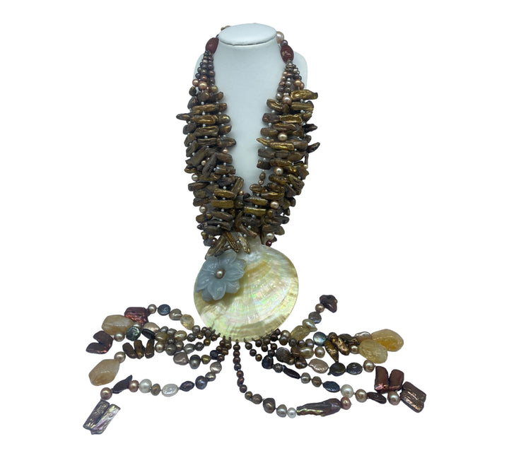 Multi Strand Freshwater Shell & Lavender Jade Dangle Necklace 36" Length
