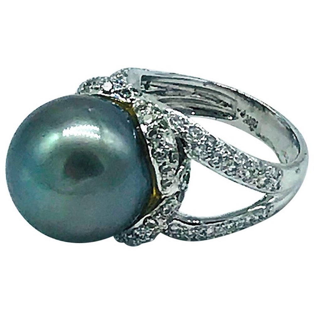 AAA Diamond and Gray Tahitian Pearl 14.5 mm 18 Karat 1 CT Ring