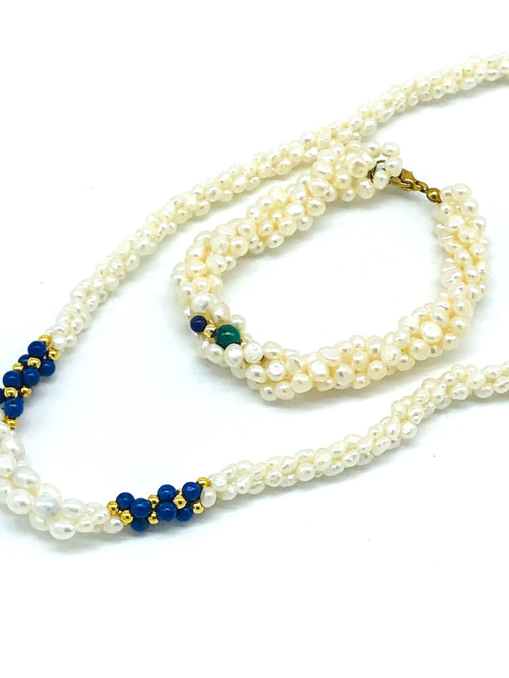 Pearl Necklace and Earrings Lapis and Malachite Multiple Strands