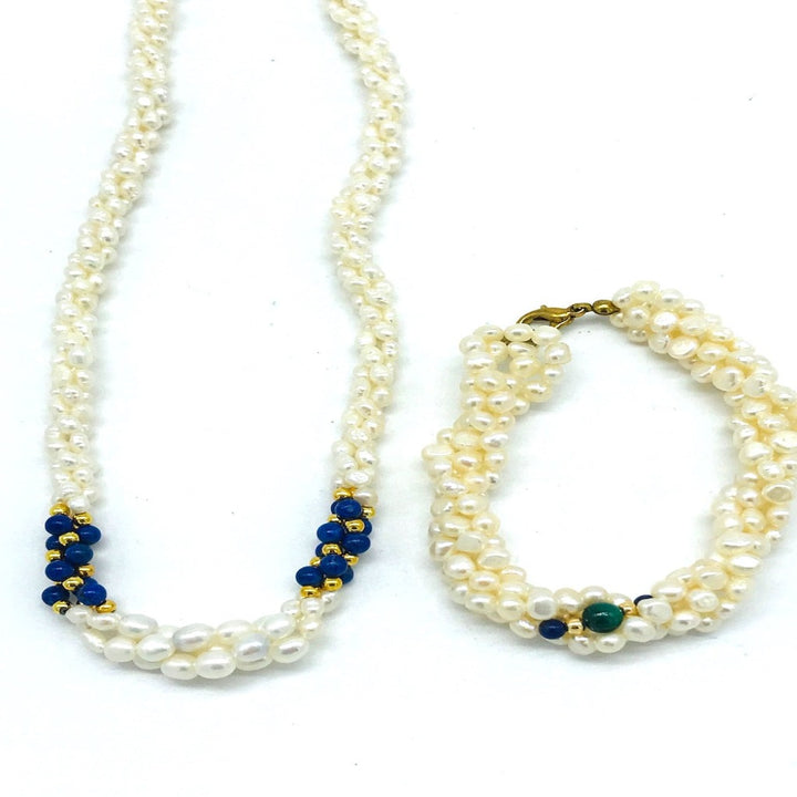 Pearl Necklace and Earrings Lapis and Malachite Multiple Strands