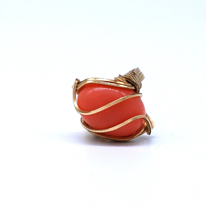 Coral and Gold Ring Woven Wrapped Size 5-3/4