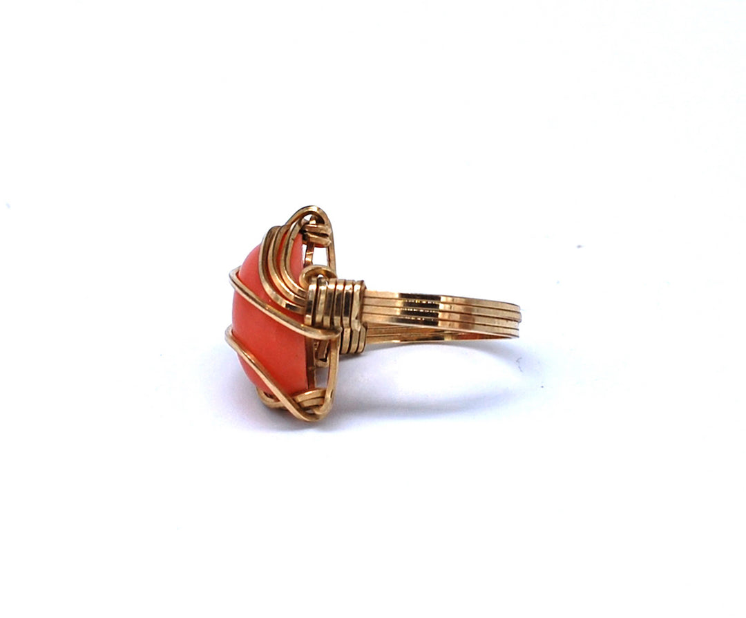 Coral and Gold Ring Woven Wrapped Size 5-3/4