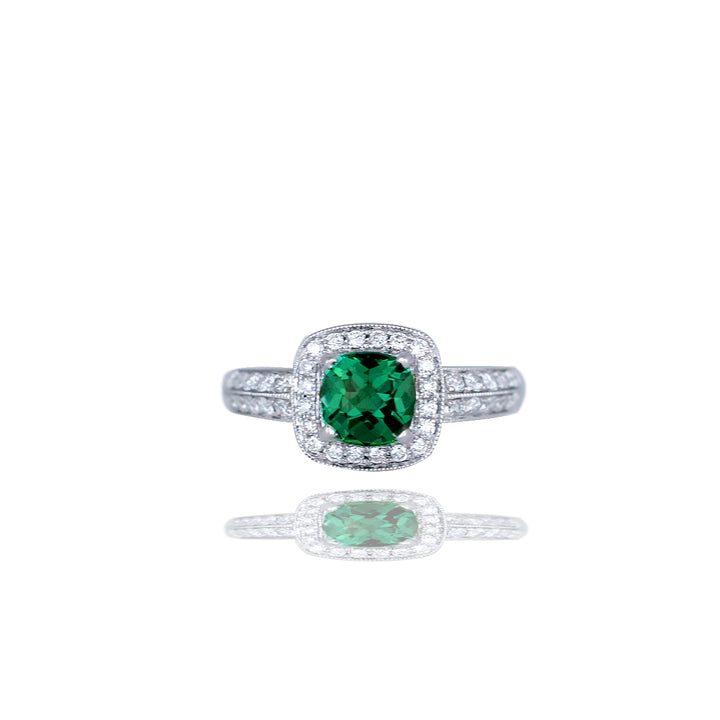 14k White Gold Diamond Green Stone Engagement Halo Ring .40 Carat