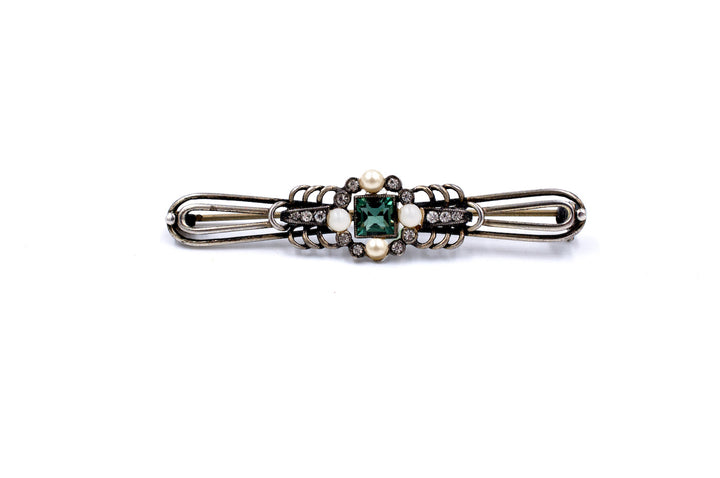 Victorian Green Stone and Pearl Sterling Pin