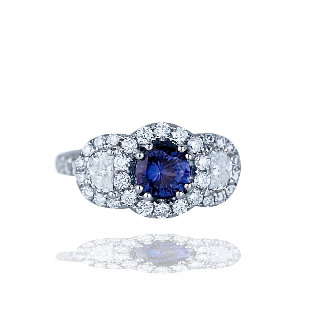 14Kt White Gold Diamond and Blue Sapphire Halo Engagement 1.15 Ctw