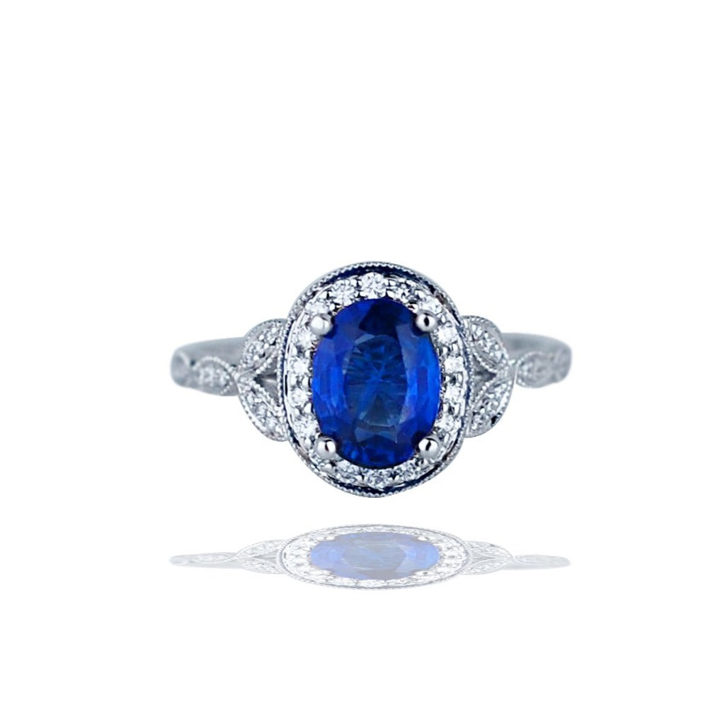 Ceylon Sapphire Diamond Halo Ring VS-F Quality 18 karat White Gold