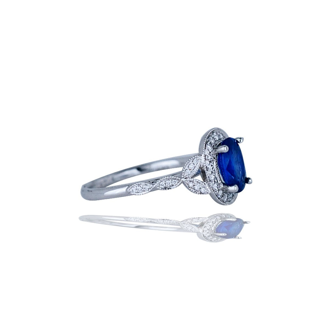 Ceylon Sapphire Diamond Halo Ring VS-F Quality 18kt White Gold