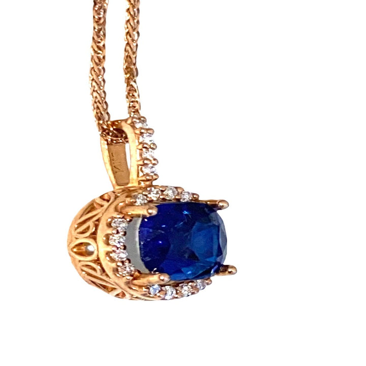 14K Cushion Cut Sapphire and Diamond Rose Gold Necklace 1.90 CTW