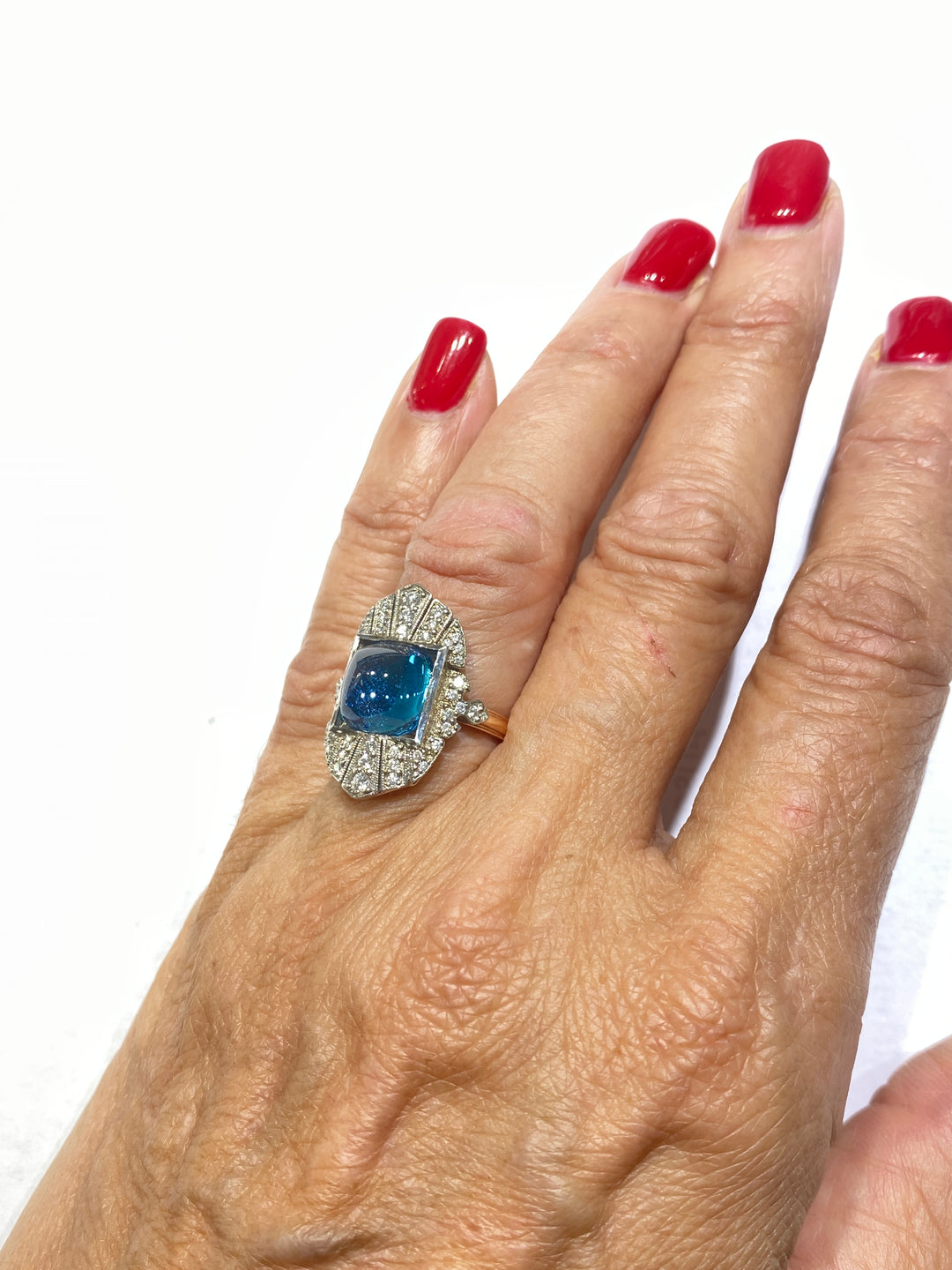 Sugarloaf Blue Stone & Diamond Shield Ring Pink Gold