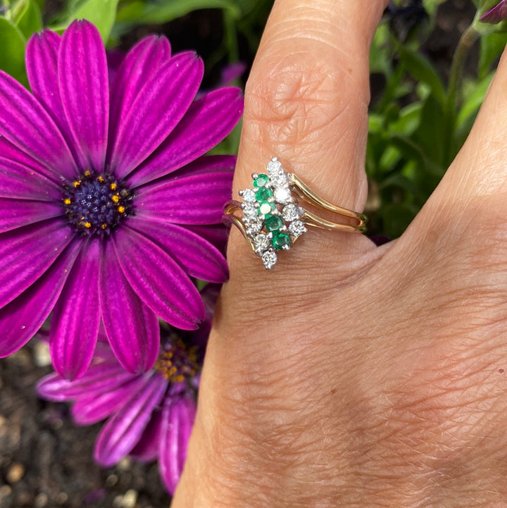 14 Karat Yellow Gold Cocktail Emerald Diamond Ring .75 Carat