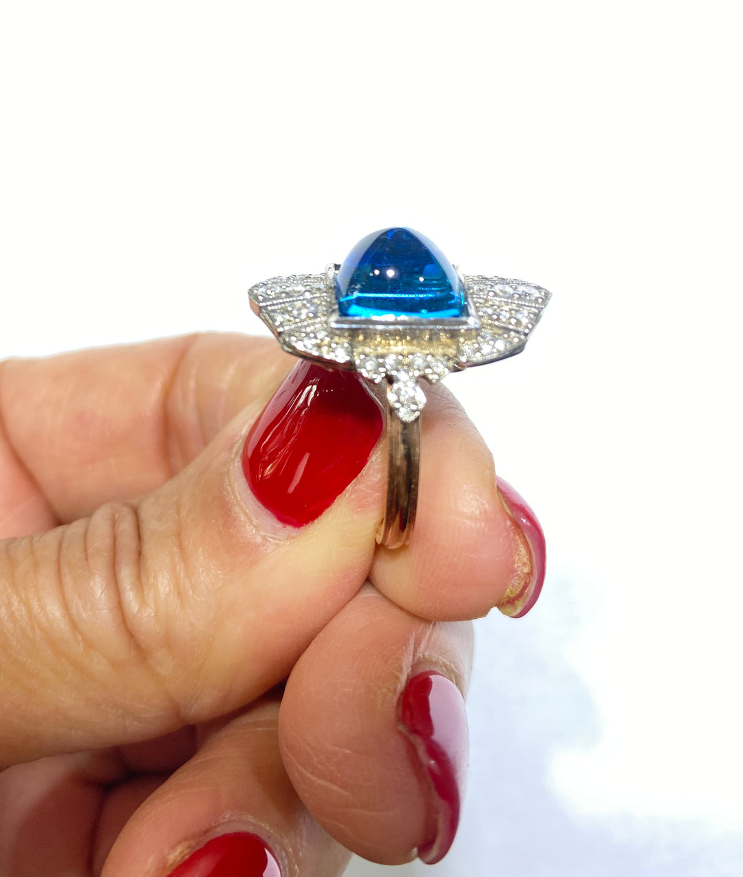 Sugarloaf Blue Stone & Diamond Shield Ring Pink Gold