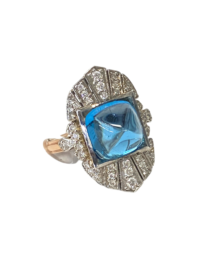 Sugarloaf Blue Stone & Diamond Shield Ring Pink Gold