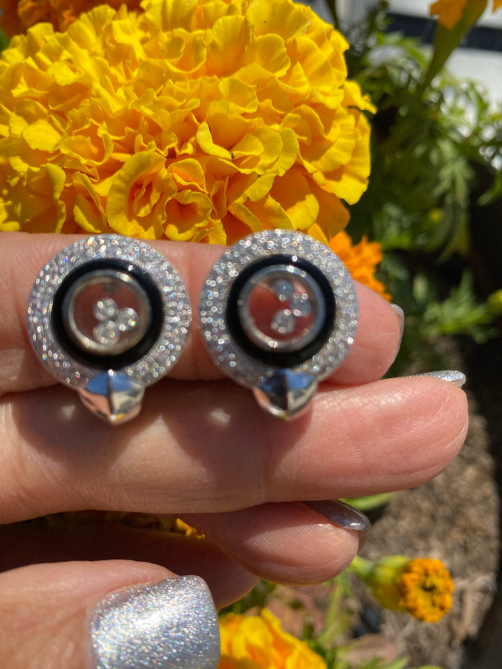 14Kt White Gold Happy Diamonds and Black Onyx Earrings .80 Carats