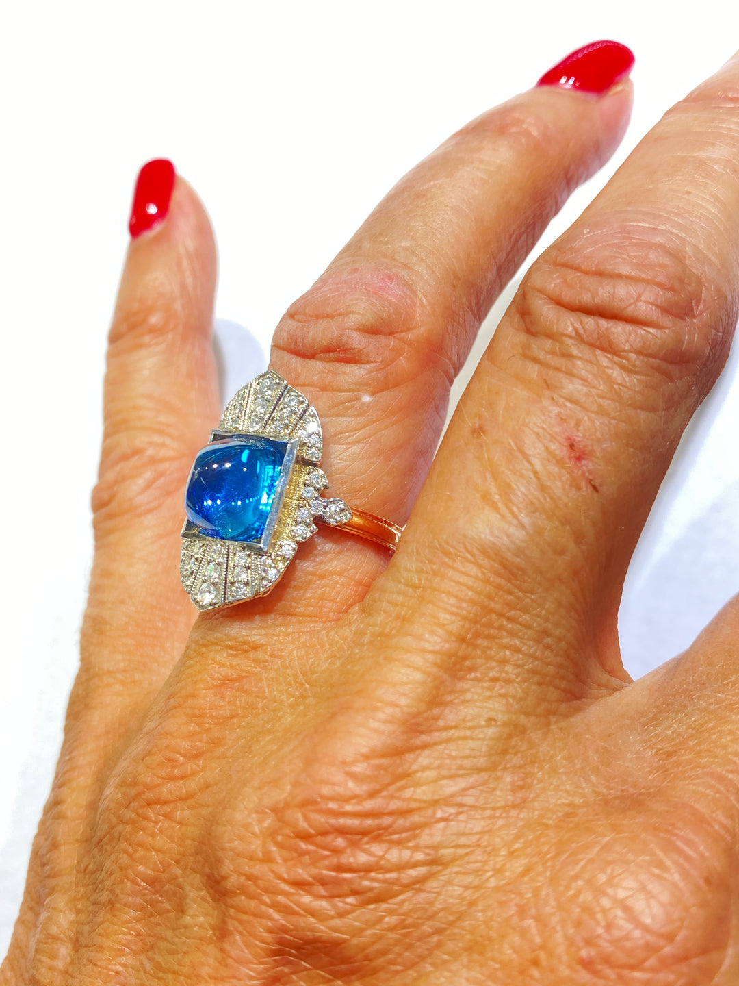 Sugarloaf Blue Stone & Diamond Shield Ring Pink Gold