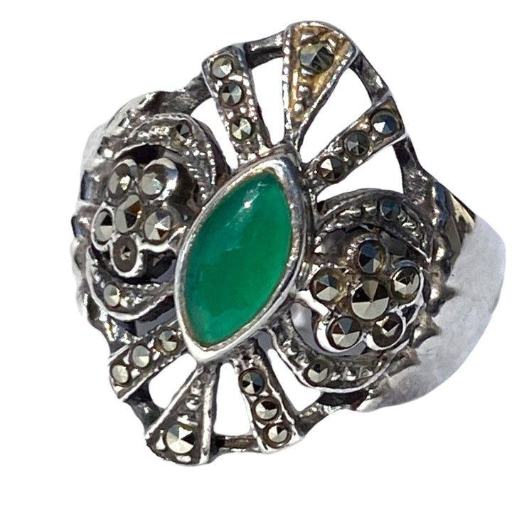 Jade and Marcasite Sterling Silver Ring