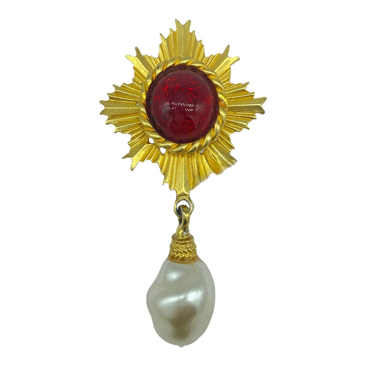 Ben-Amun Red Stone Pearl Gold Tone Brooch Pin