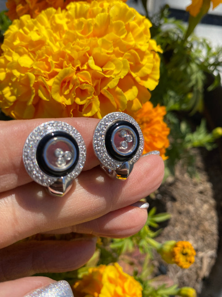 14Kt White Gold Happy Diamonds and Black Onyx Earrings .80 Carats