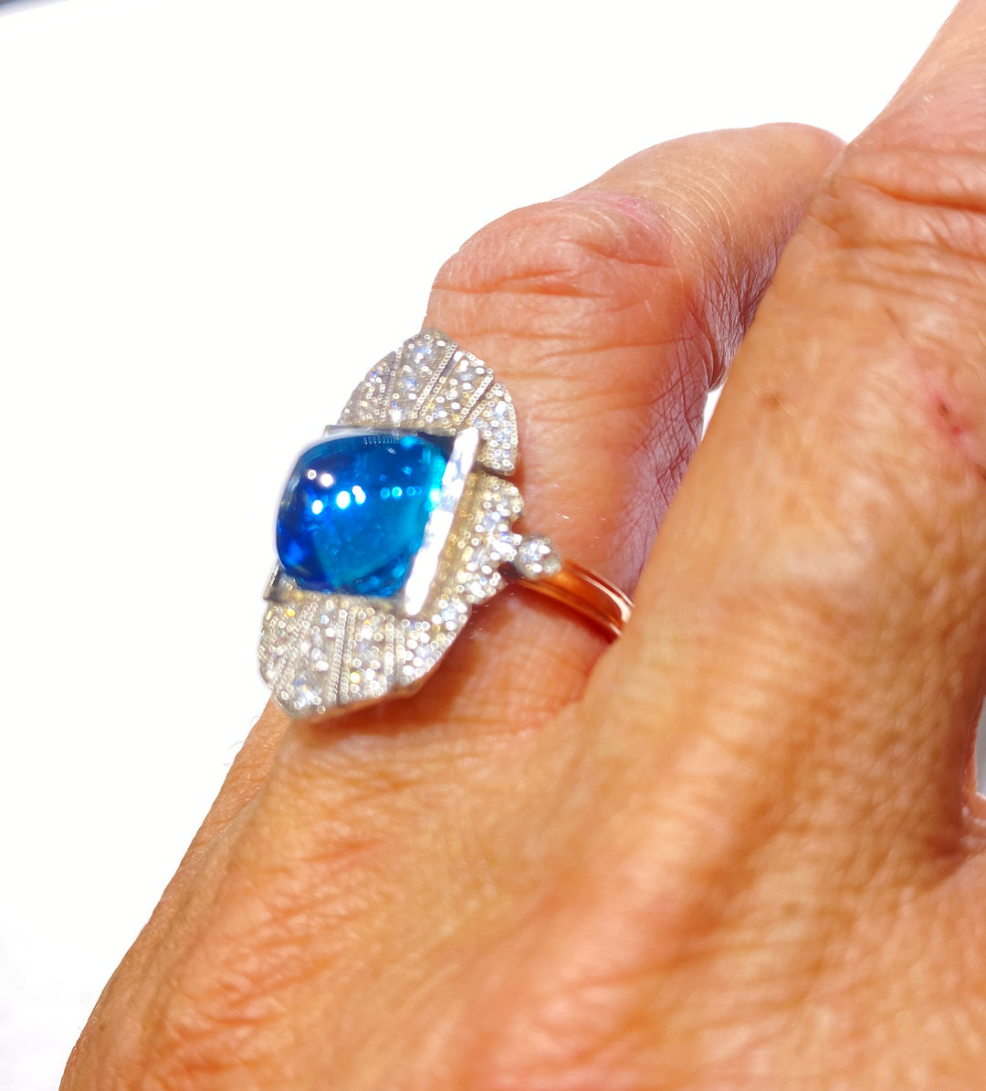 Sugarloaf Blue Stone & Diamond Shield Ring Pink Gold