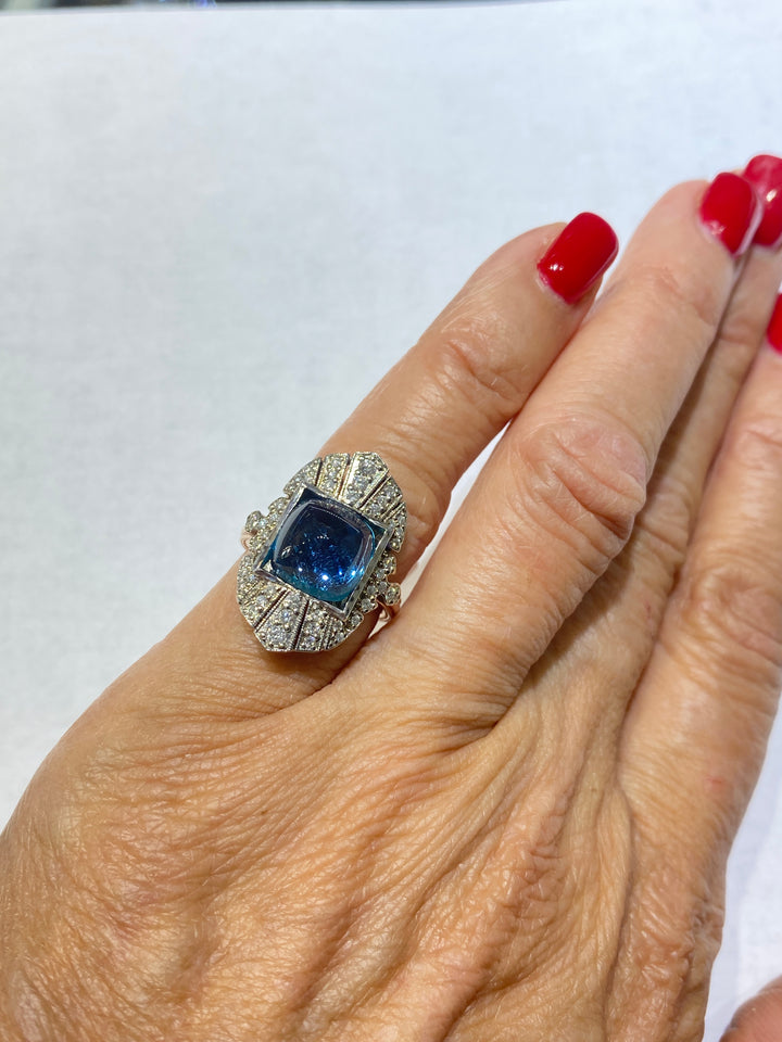 Sugarloaf Blue Stone & Diamond Shield Ring Pink Gold